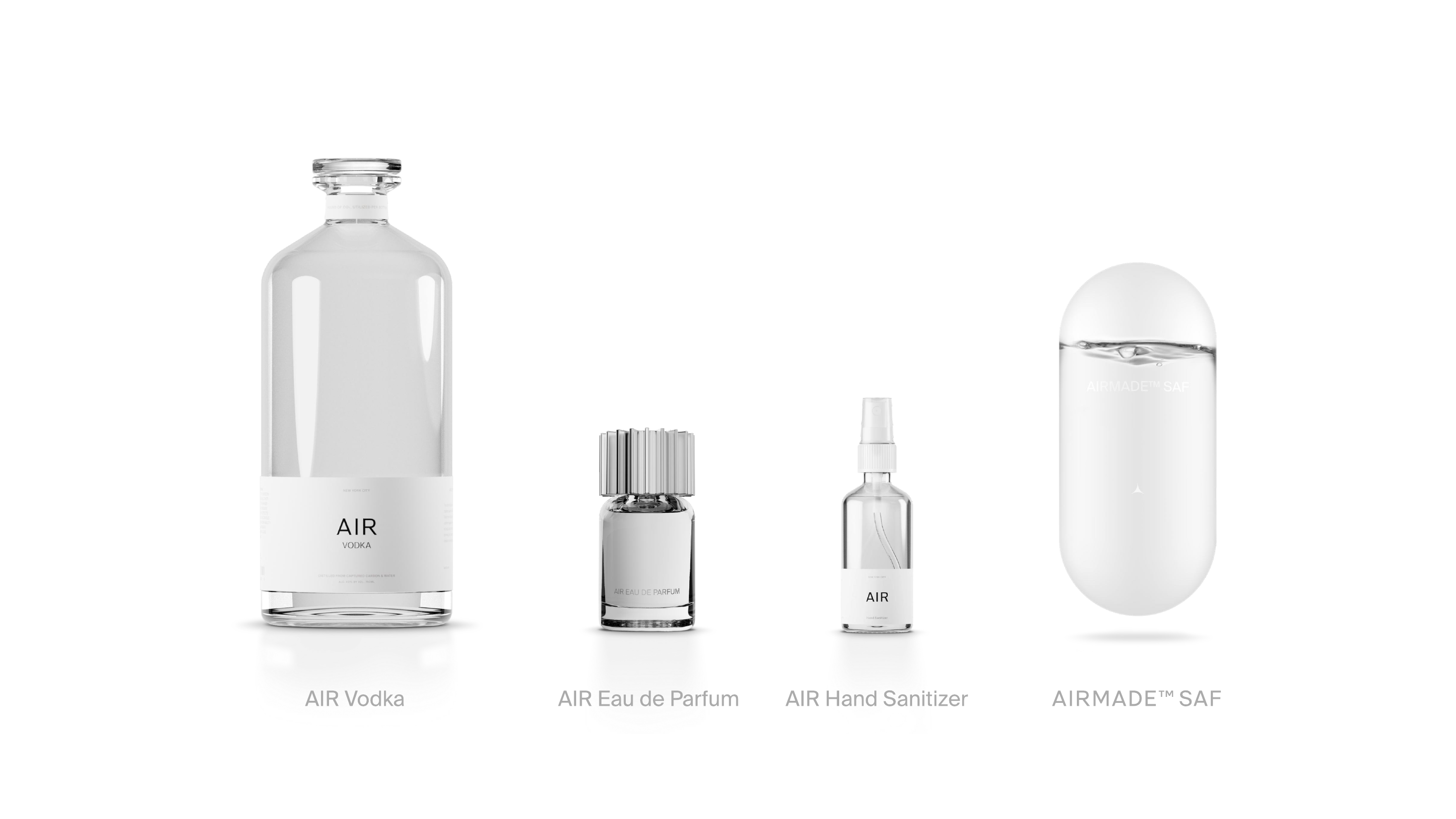 AIR Vodka, AIR Eau de Parfum, AIR Hand Sanitizer and AIRMATE displayed together