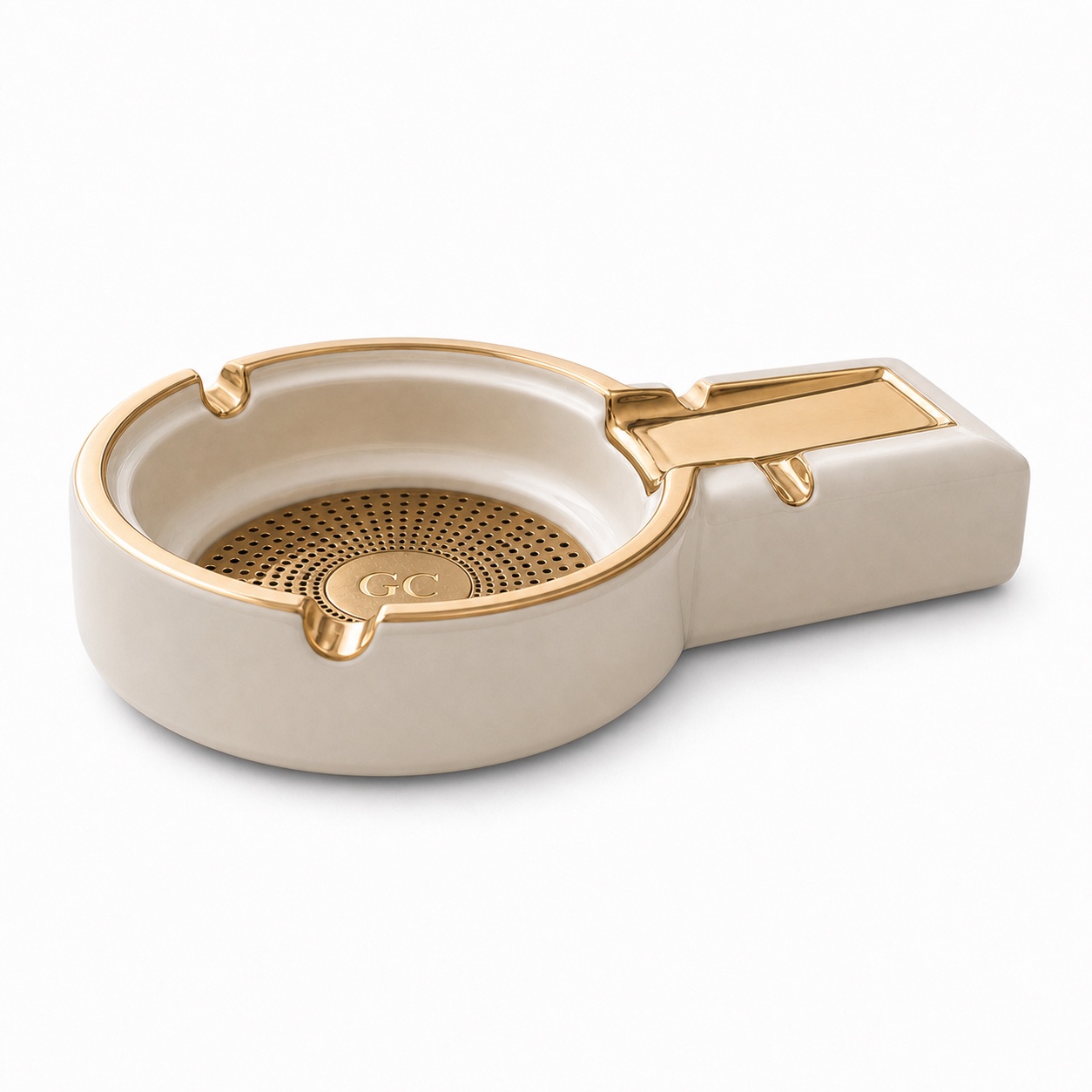 Aperture Ashtray shown from a low side angle in glazed ceramic and polished brass