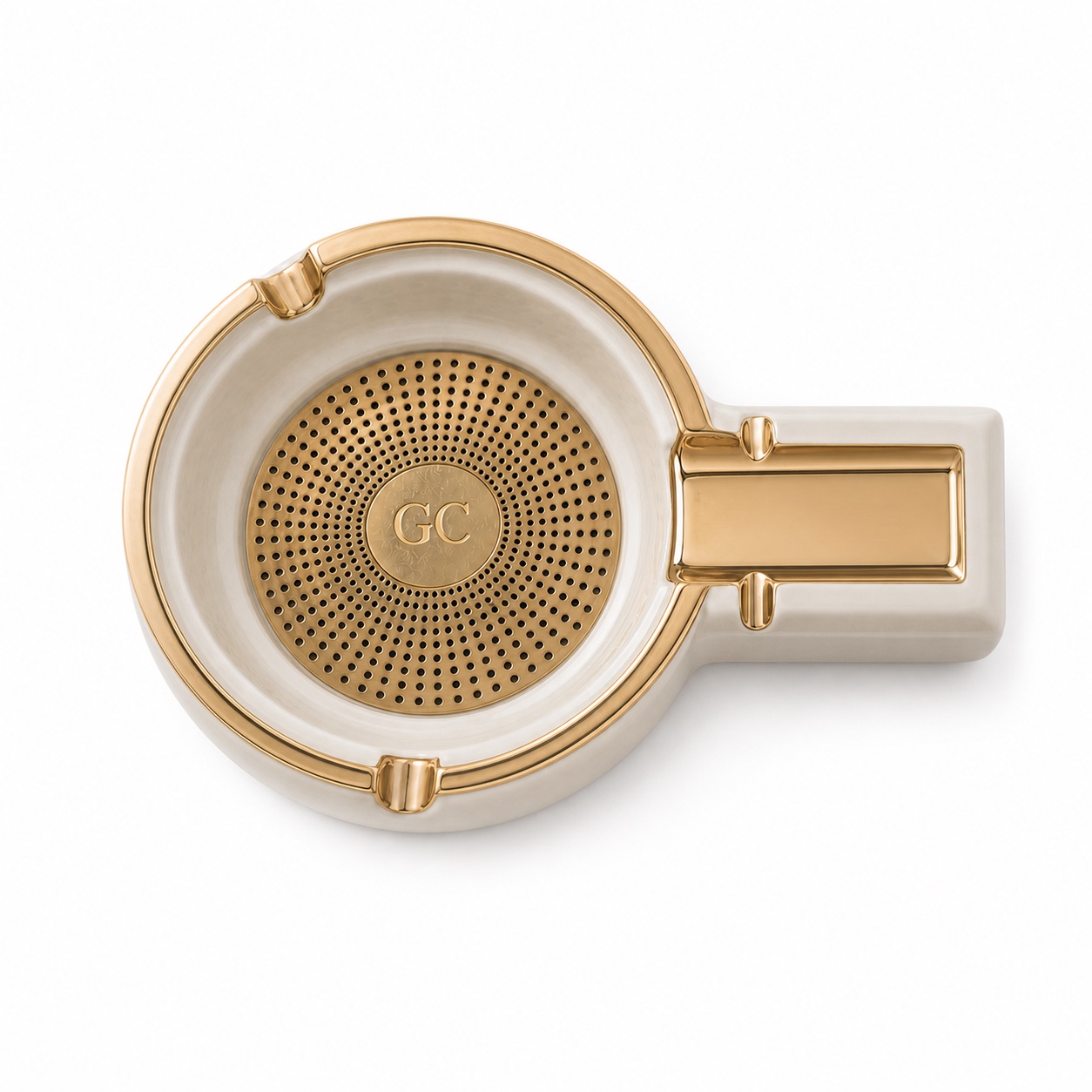 Aperture Ashtray viewed directly from above with concentric perforated brass insert