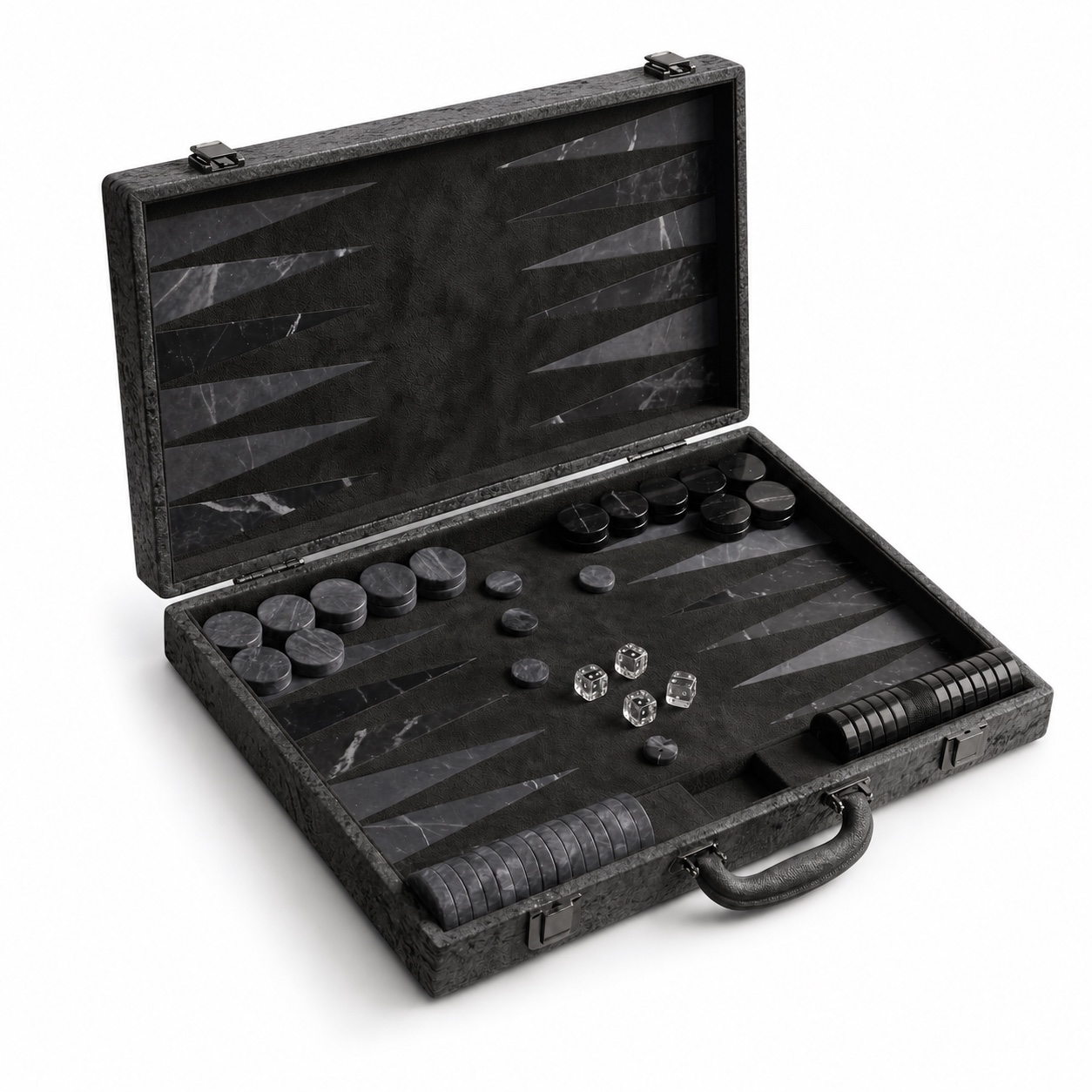 Monolith Backgammon Set in dark stone, leather and metal photographed on white