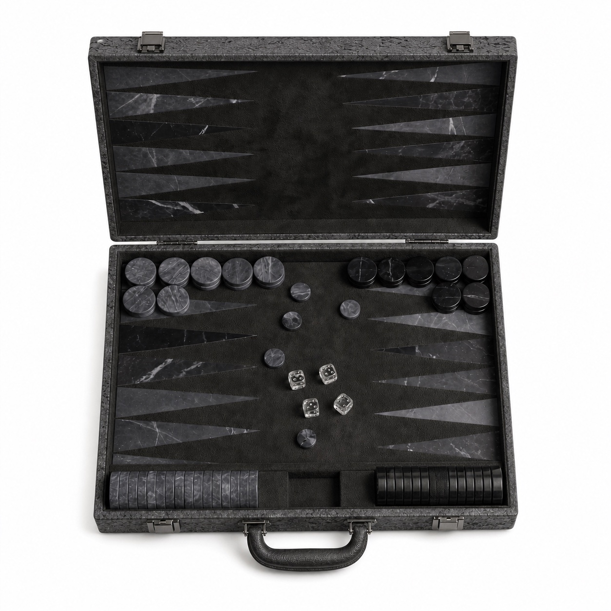 Monolith Backgammon Set viewed open from above with stone checkers and clear dice