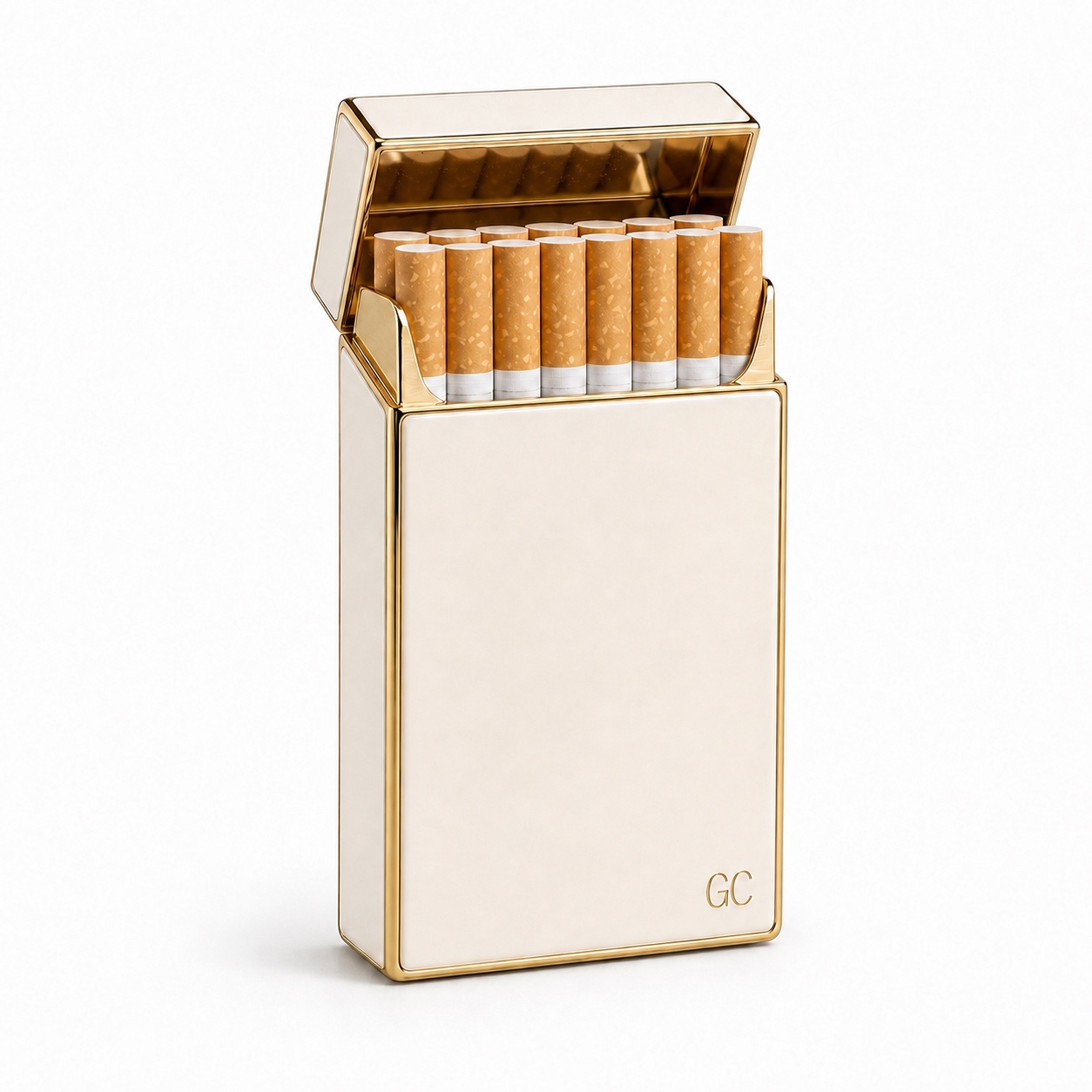 Vitrine Cigarette Case open with unbranded cigarettes shown for scale on white